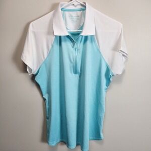Peter Millar Golf Shirt Polo Womens 1/4 Zip Sz L Blue White UPF 50+ Short Sleeve